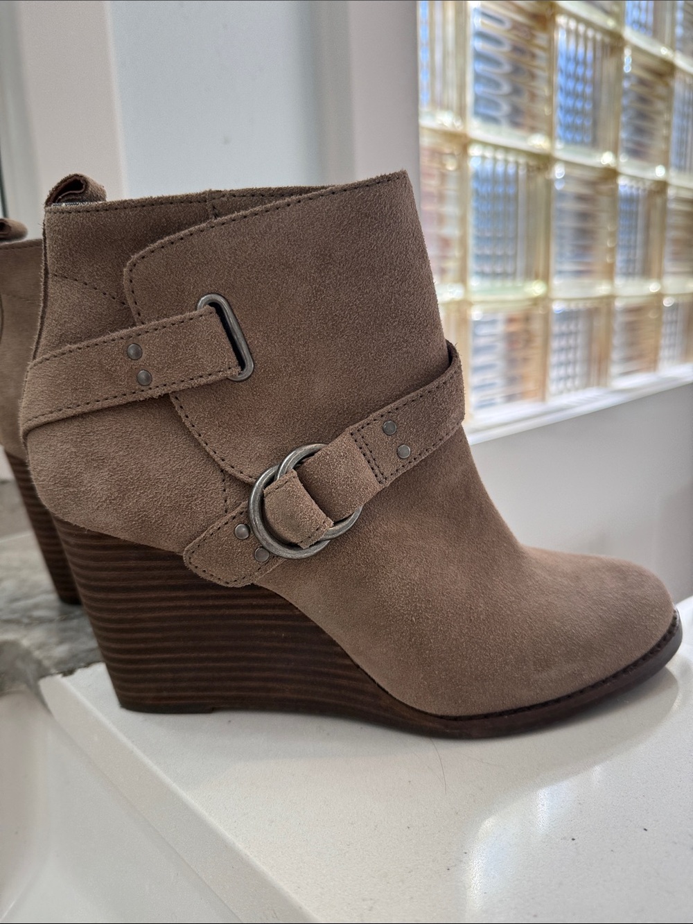8 1/2 Lucky Brand Taupe Suede Wedge Booties with Buckle Strap
